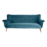 Canapé 3 places en velours allemand, années 1960, bleu océan, restauré