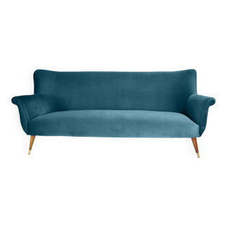 Canapé 3 places en velours allemand, années 1960, bleu océan, restauré