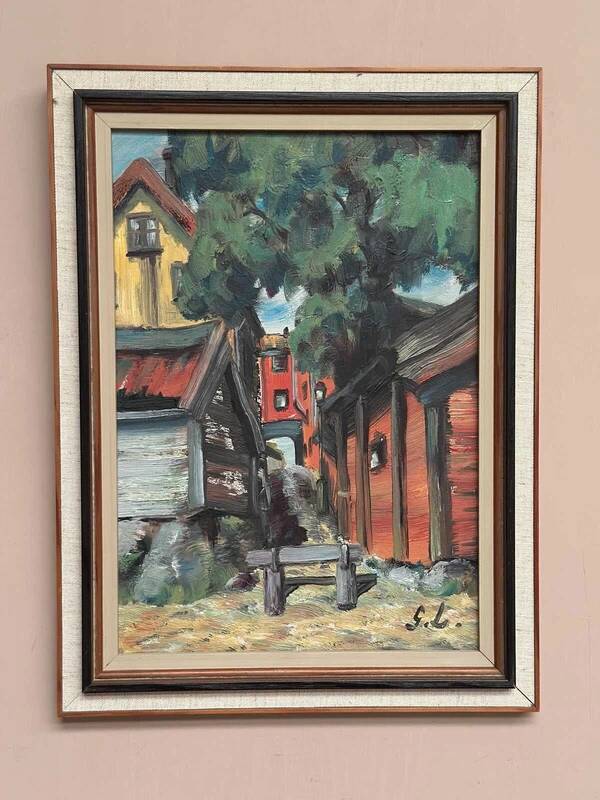 Original oil on panel “Red cottages” by Ingrid Larsblad, vintage & framed 30×40cm