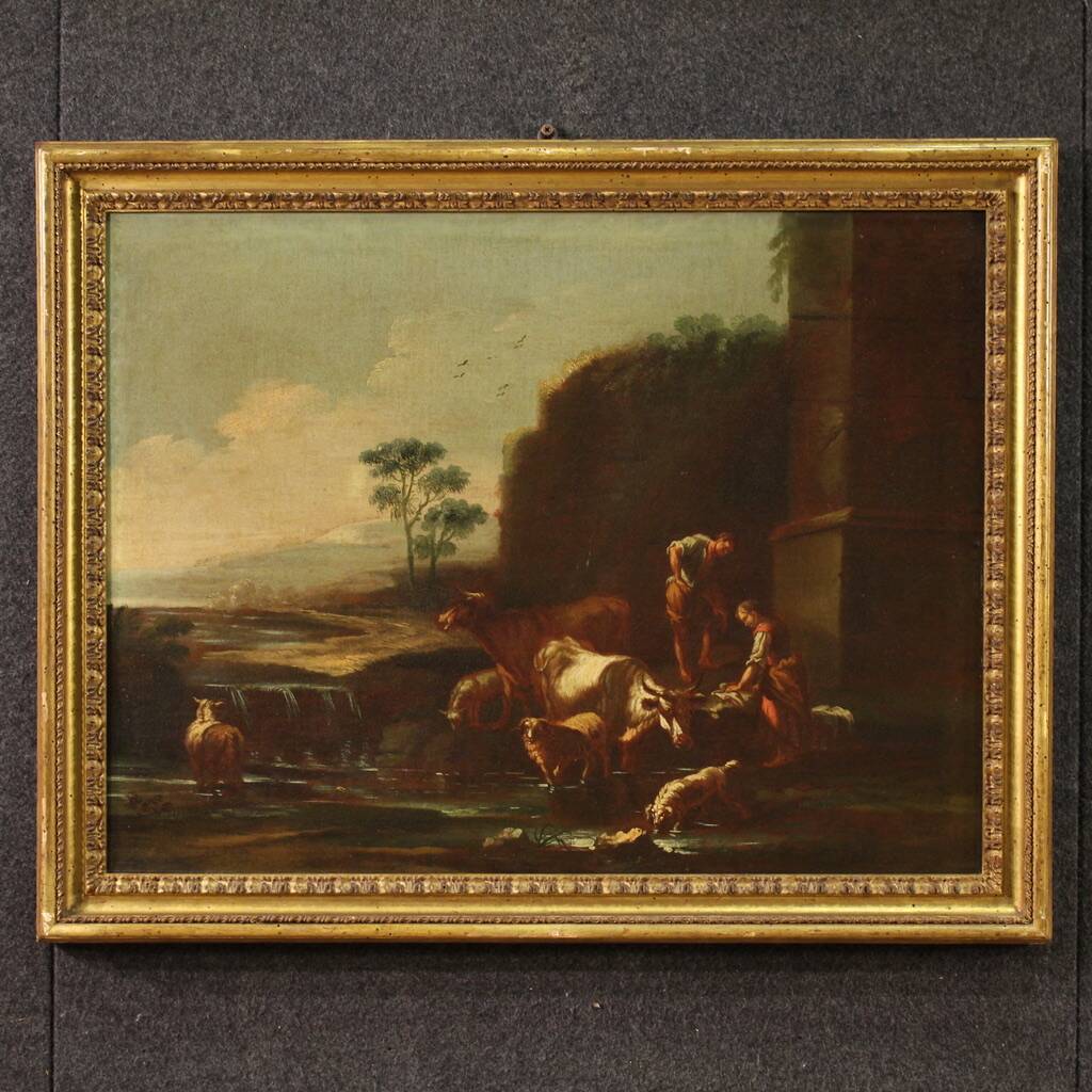 Painting of the Roman school of the 17th century, landscape with pastoral s