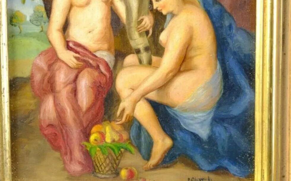 Mid 20th Century Portrait of Three Nudes Oil Painting, Framed