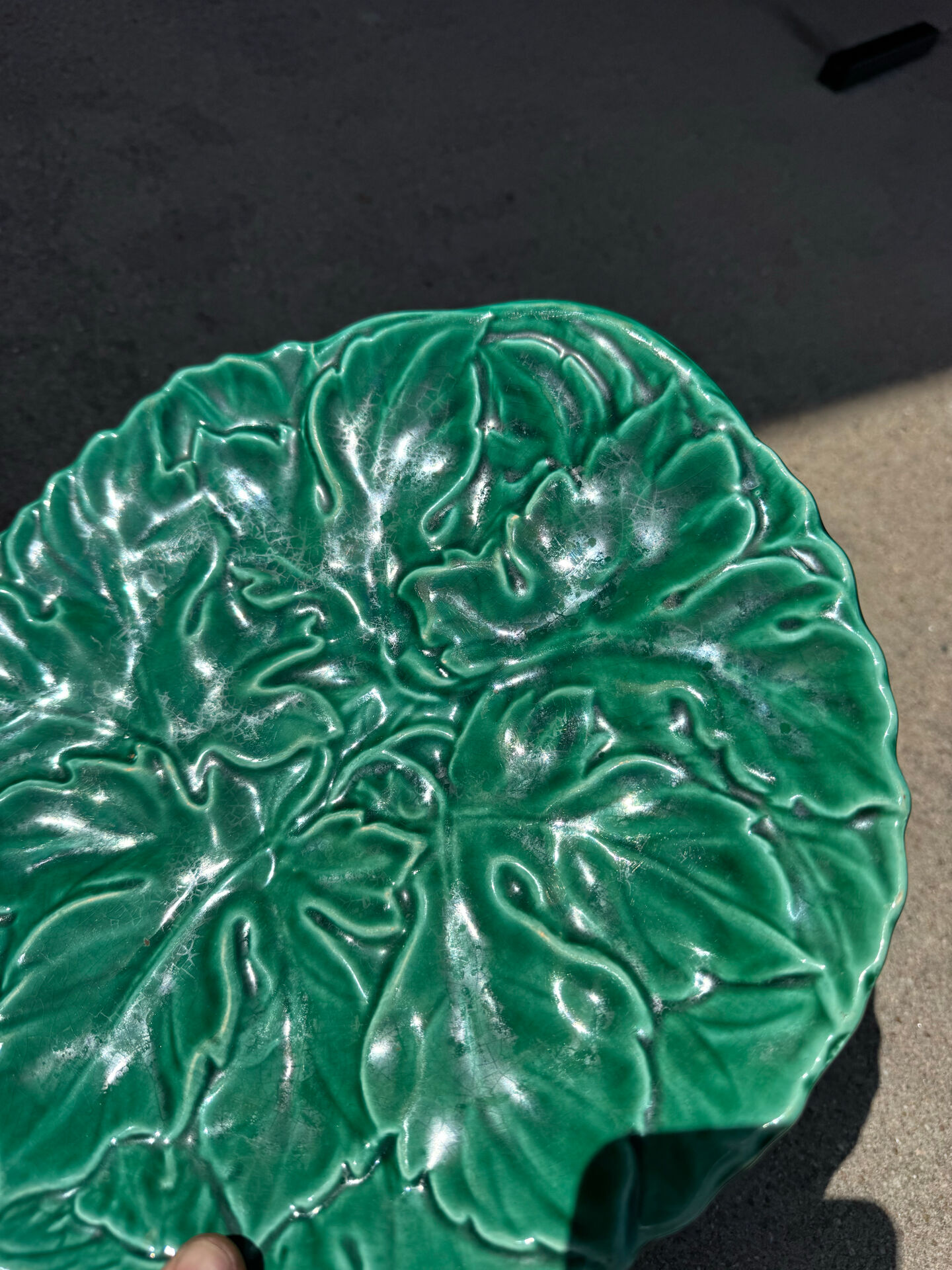 Majolica plate with vine leaves, old Digoin.