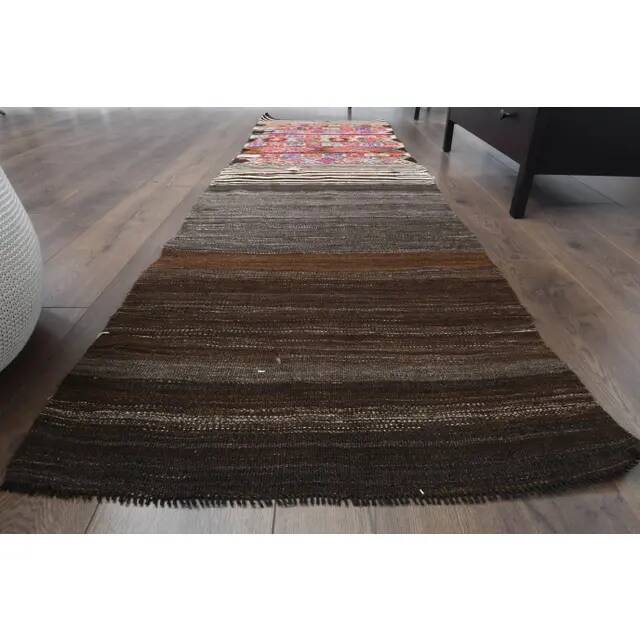 Vintage Turkish Oushak Handmade Wool Cotton Brown Runner Rug 75x254