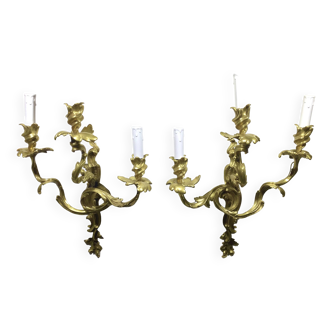 Pair of sconces Bronze 3 lights Louis XV