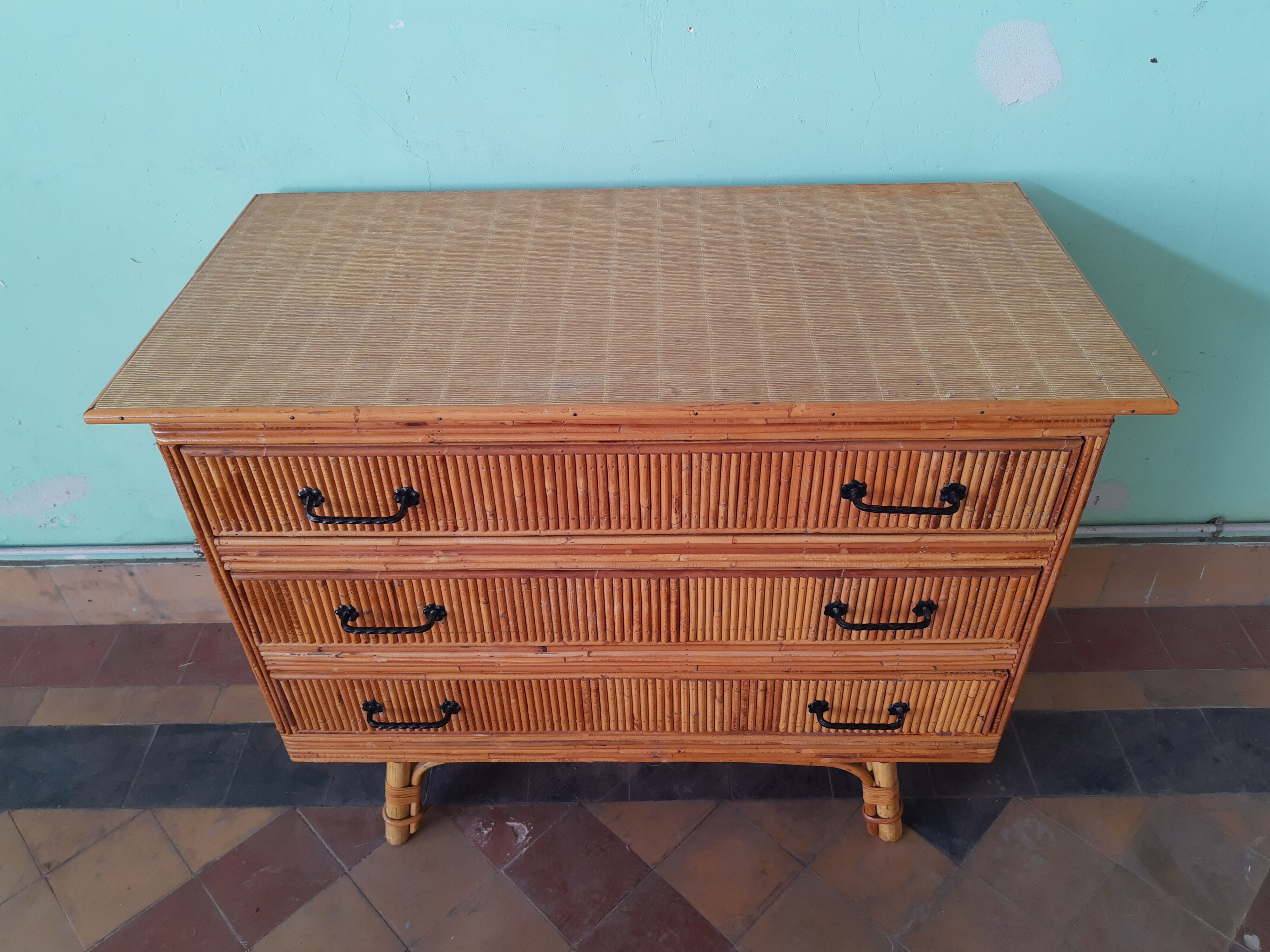 Vintage rattan and bamboo chest of drawers 50s