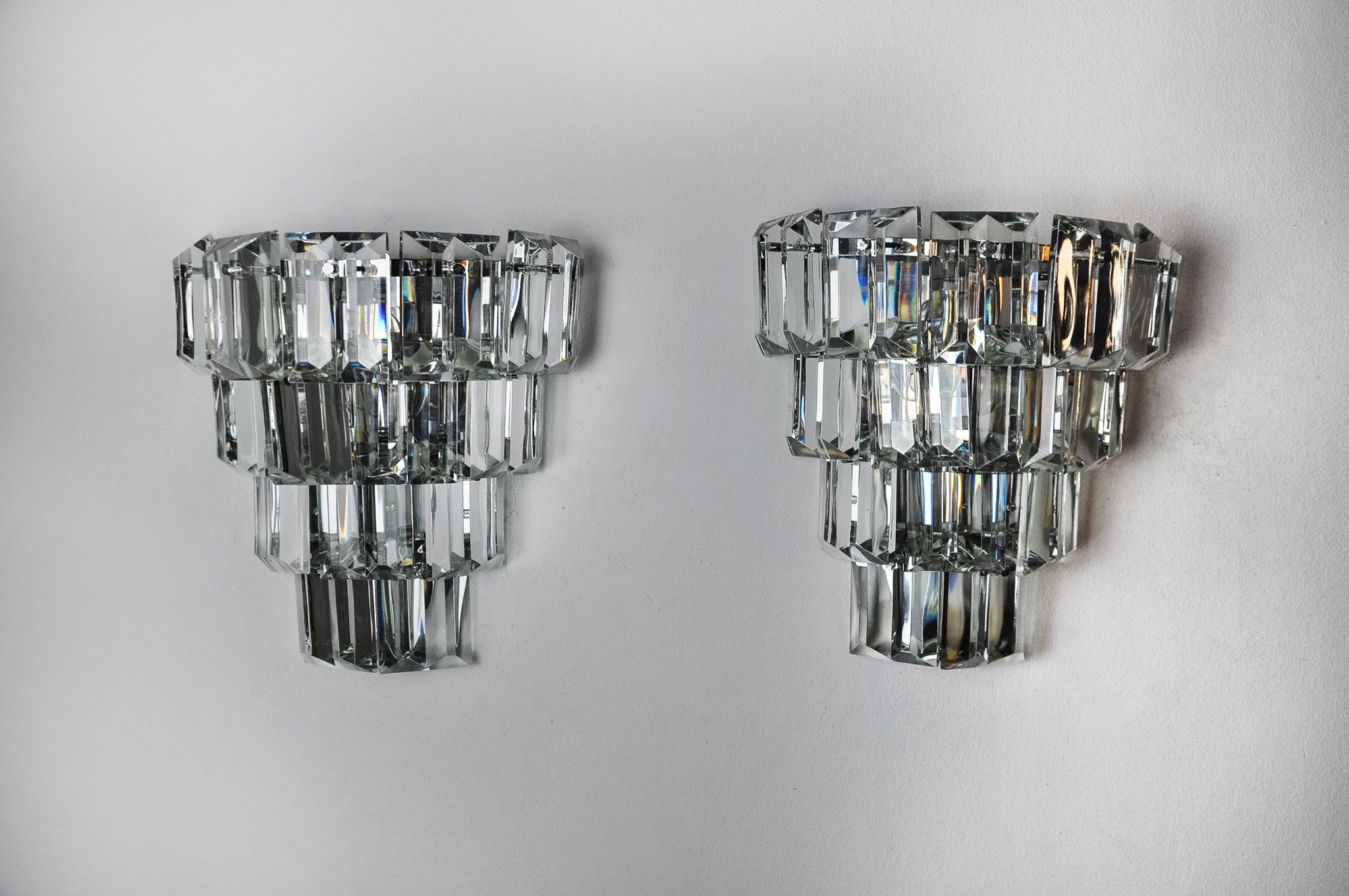Pair of kinkeldey wall lamps, 4 levels, cut crystals germany, 1970