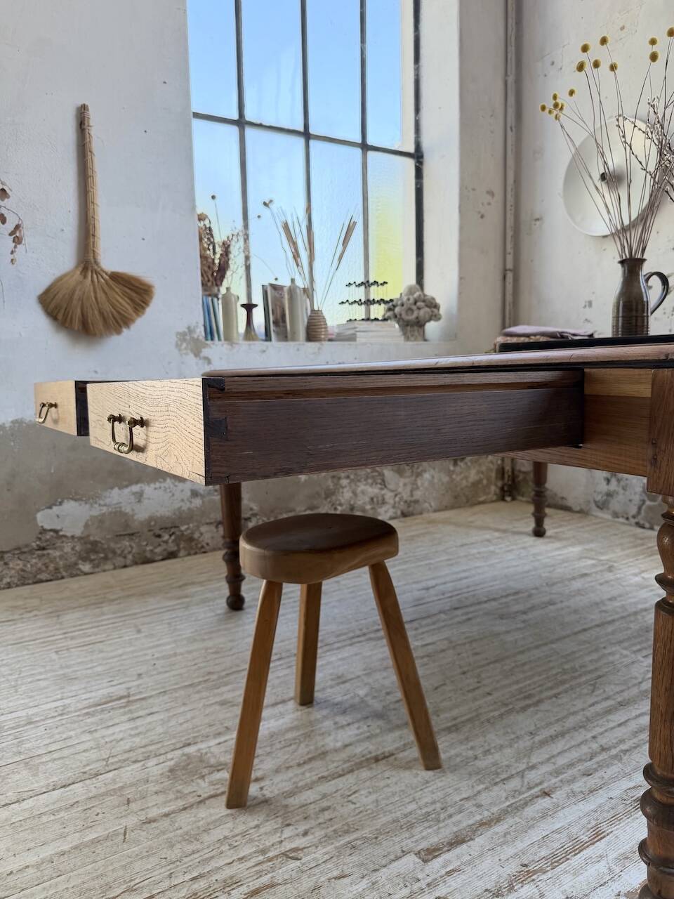 Grande table de ferme XL chêne « carrée » conférence 1950