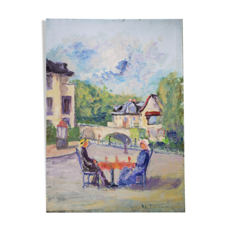 Oil on canvas "Lunch at 2 in the Isle-Adam under the sun" Faraoni Luciano