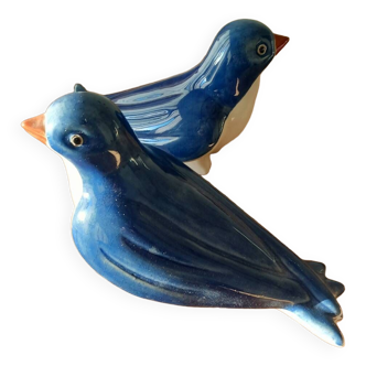 2 blue birds in enamelled earthenware