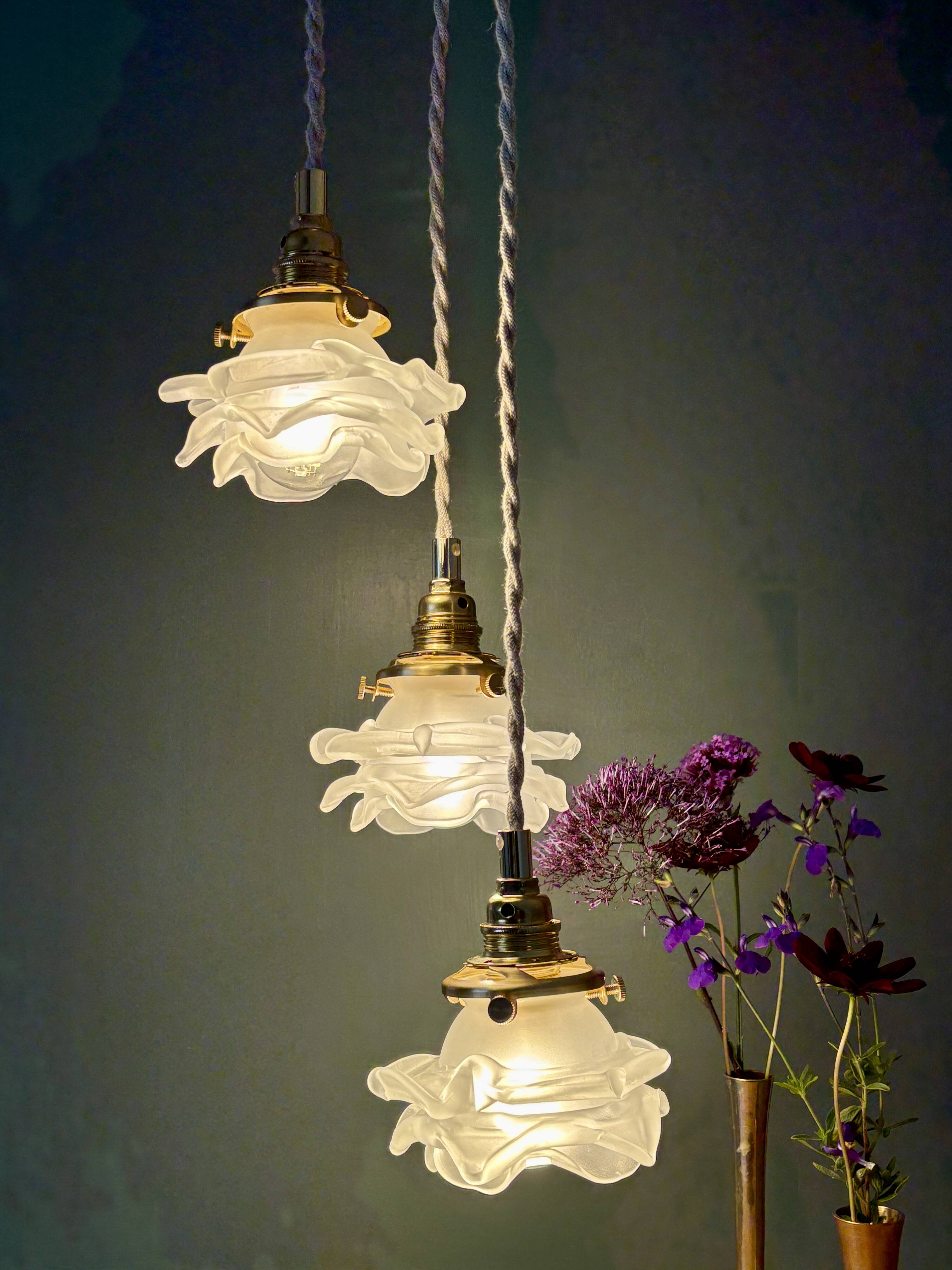 Vintage triple tulip pendant light in frosted glass in the shape of flowers