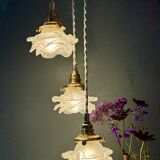 Vintage triple tulip pendant light in frosted glass in the shape of flowers