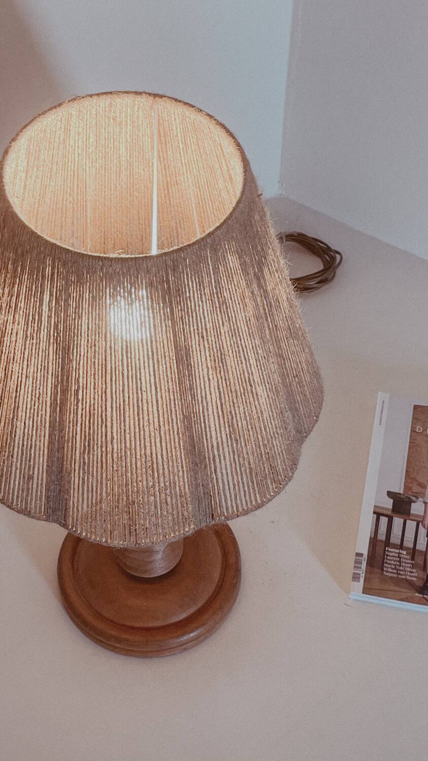 Turned wood lamp and jute lampshade