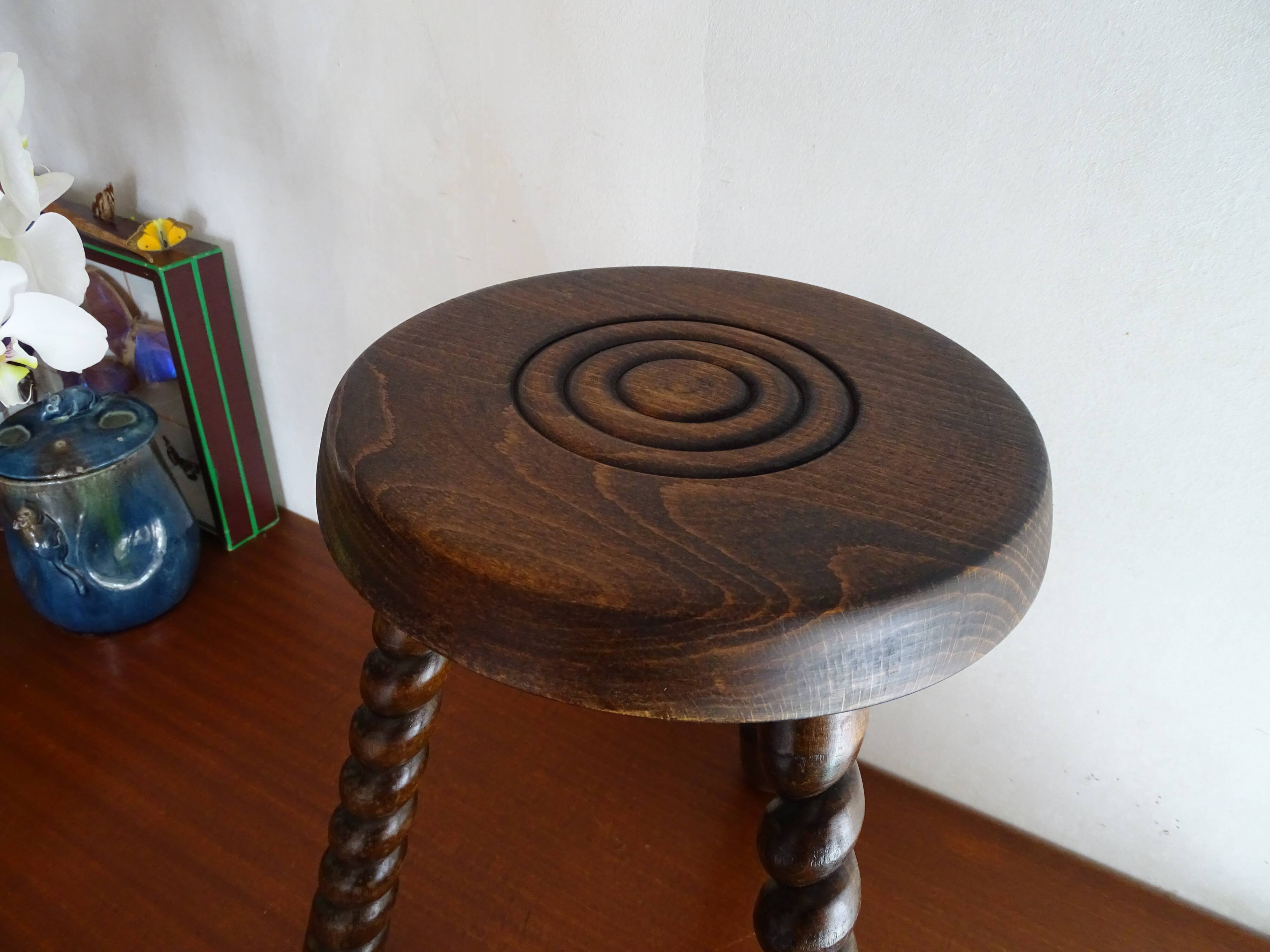 Vintage turned wood tripod stool