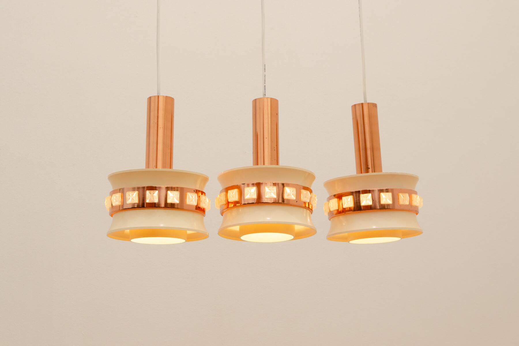 Vintage hanging lamp with three cut glass lampshades, Kamenický Šenov, 1970´s