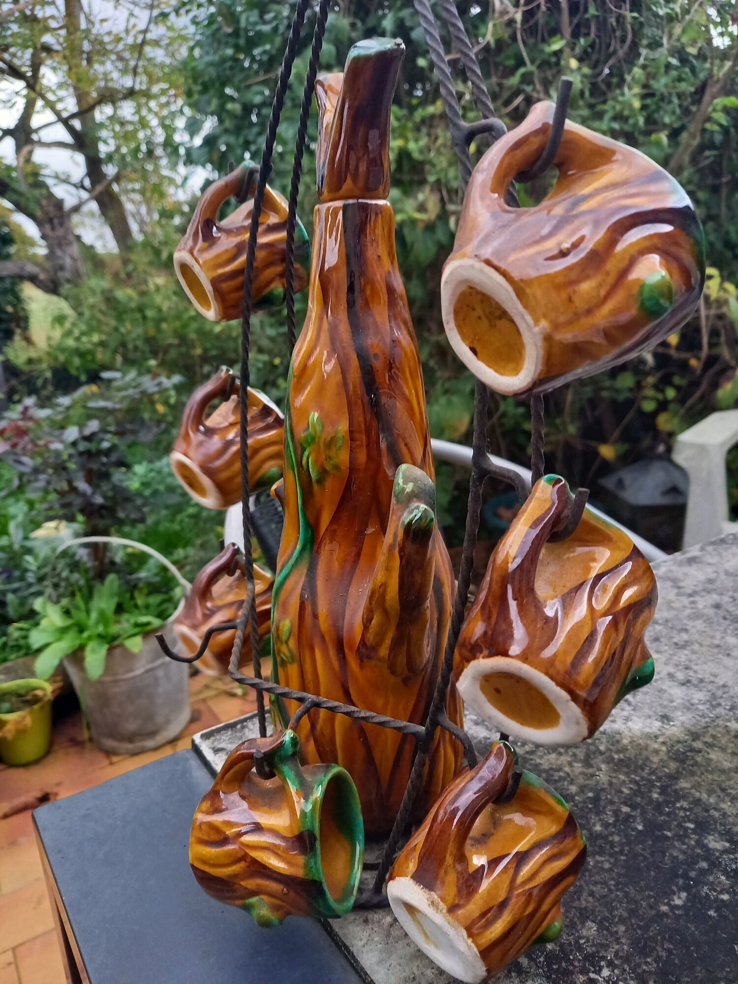Carafe and 7 glazed ceramic cups of vintage Vallauris 60