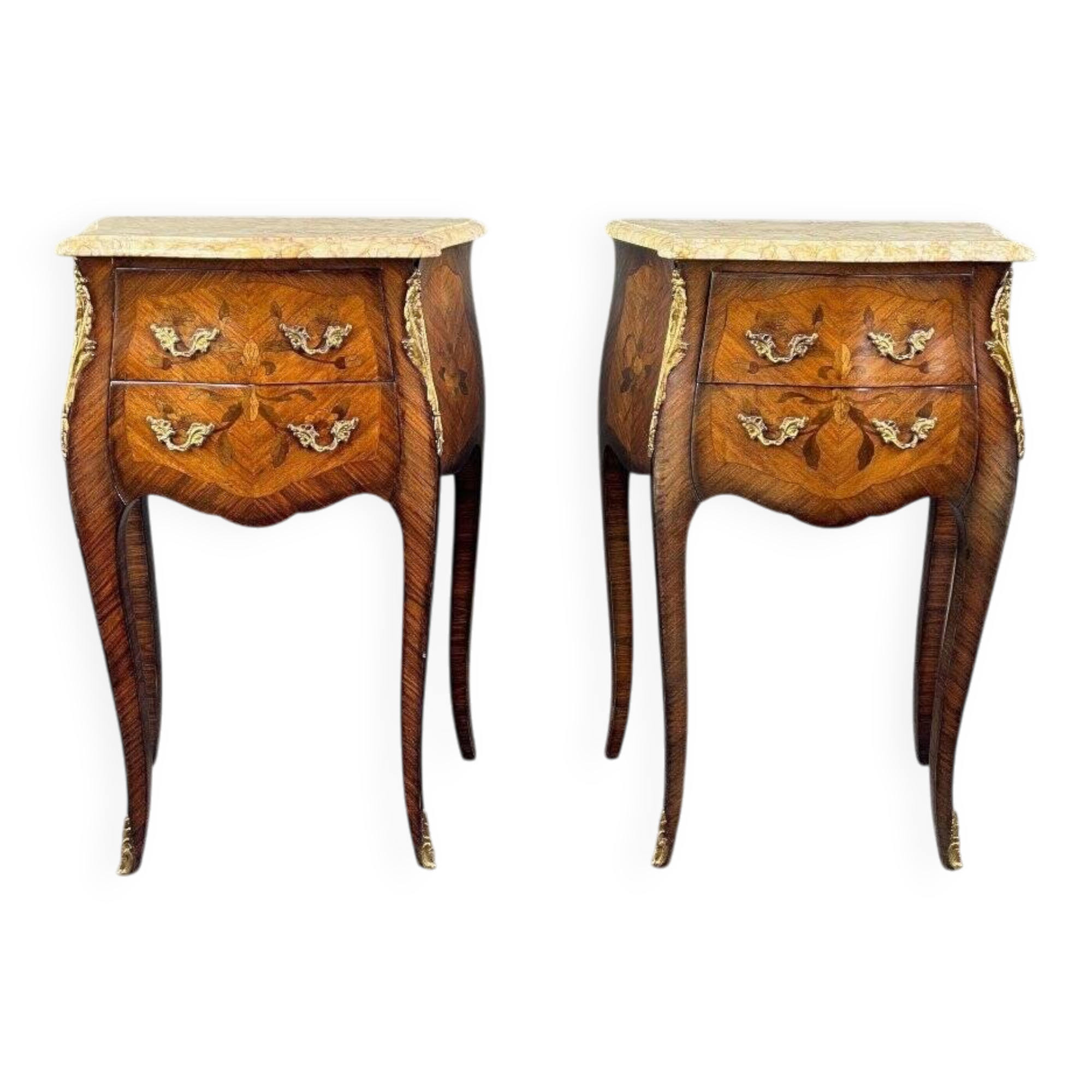 Pair of louis xv style bedside tables in marquetry and marble – 19th century