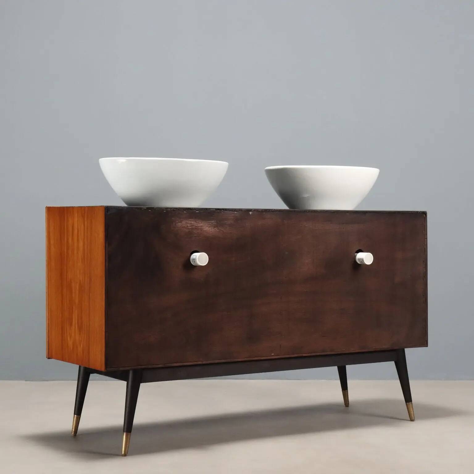 Vintage mahogany veneered commode with basins, 1960s design.