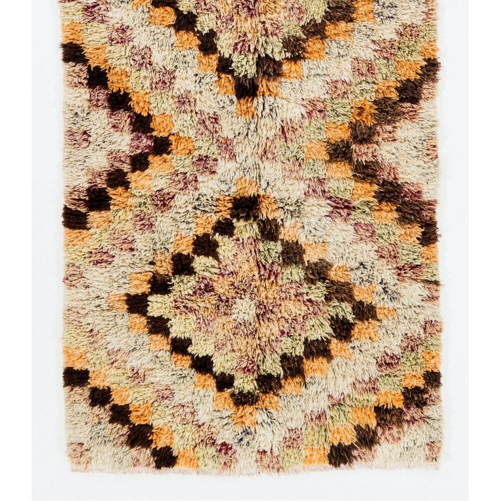 Vintage Hand-Knotted Tulu Runner Rug with Geometric Diamond Design in Cream, Brown and Orange, 100% Wool