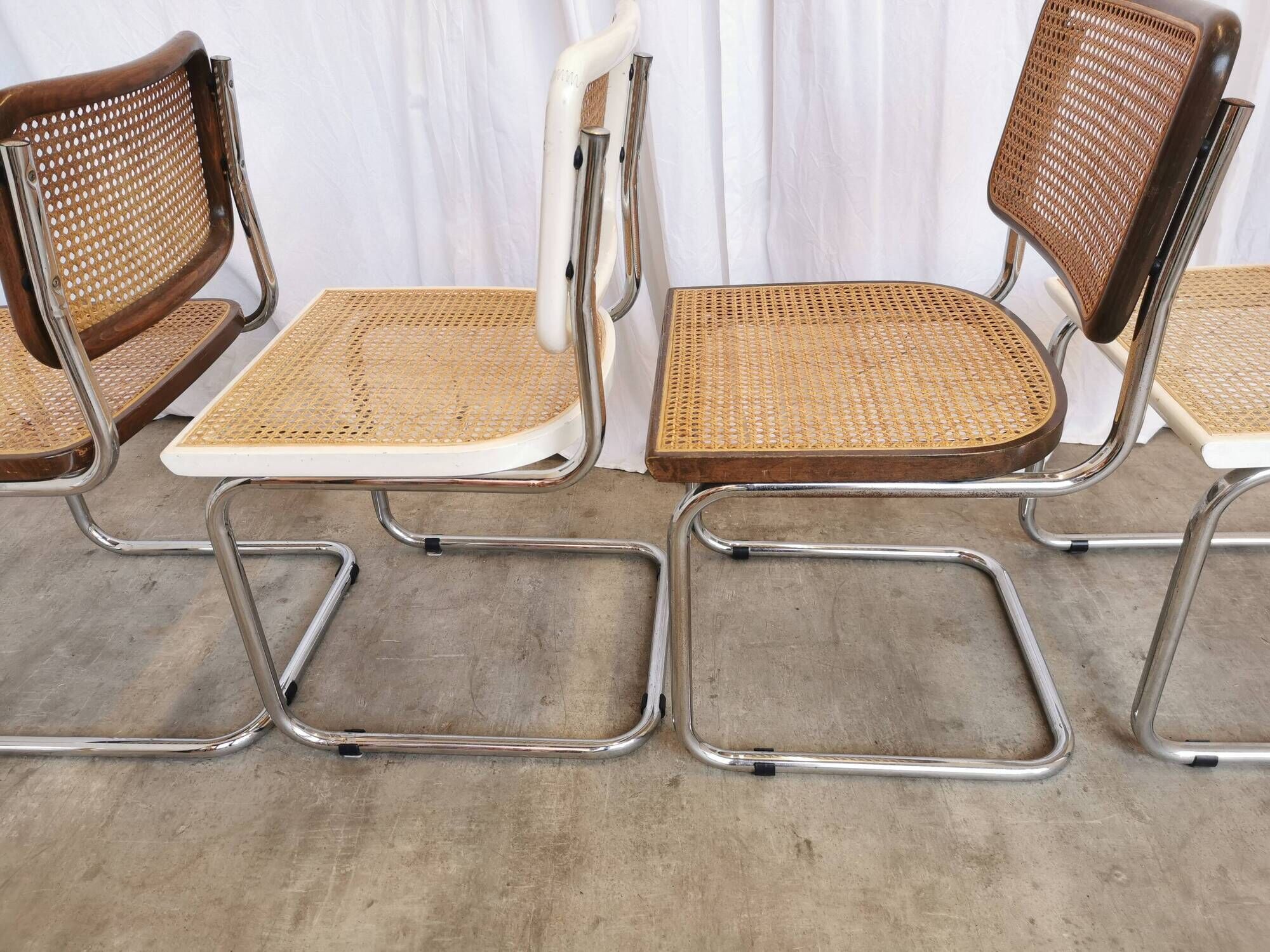 Set of 4 vintage cesca dining chairs / 2 brown 2 white / cane seat mid-century