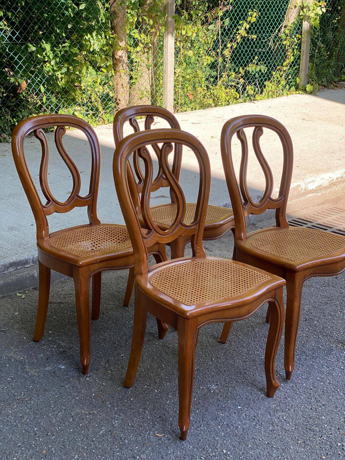 4 Louis Philippe curved wood caned dining chairs