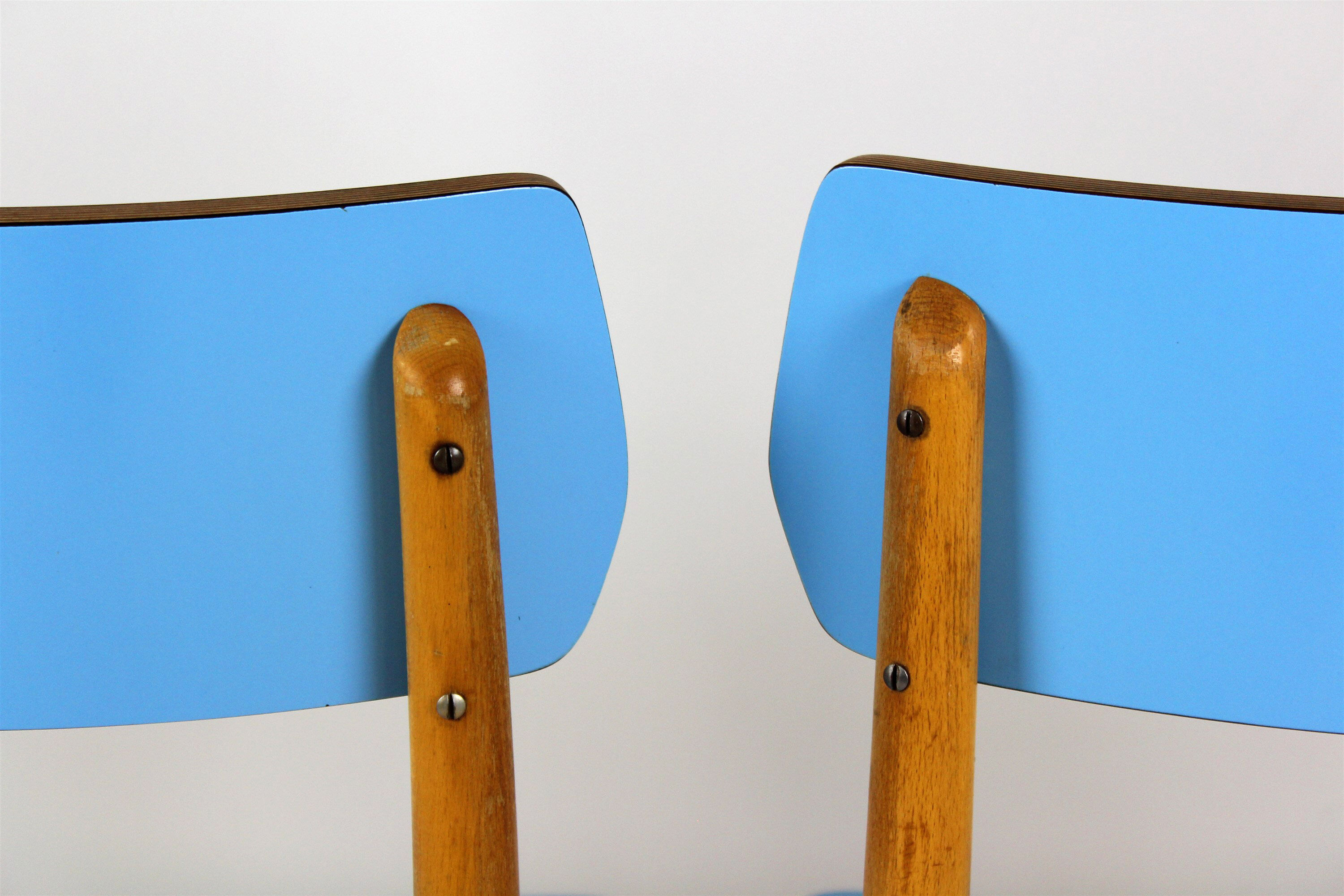 Vintage blue Formica & wood chairs, 1960s, set of 2