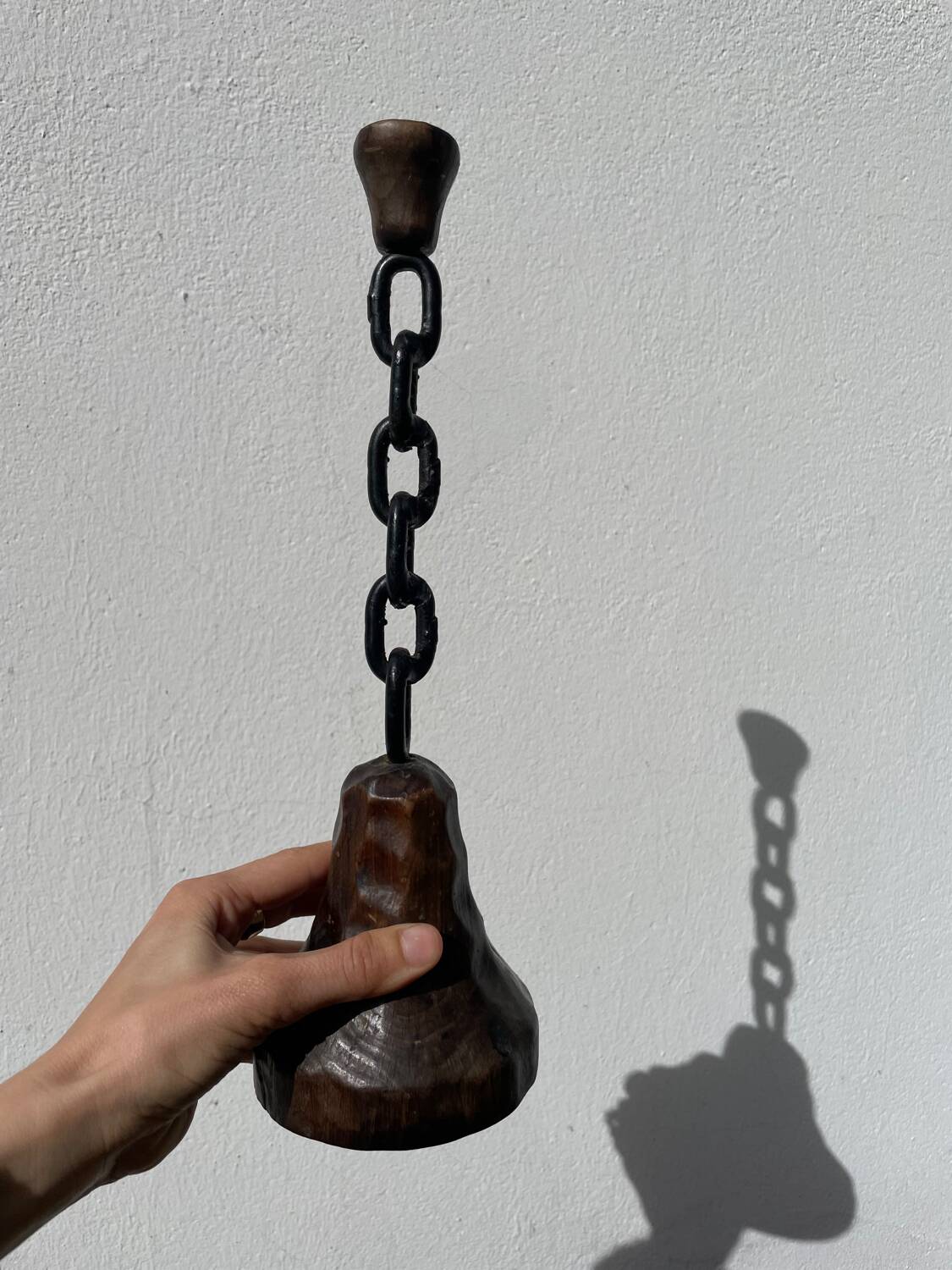 Brutalist wood and metal chain candle holder