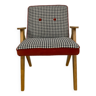 Fauteuil en chêne, velours et tissu pied de poule brique