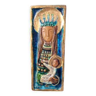 Holy Mary and Jesus Hand-Painted Ceramic Panel, Italy