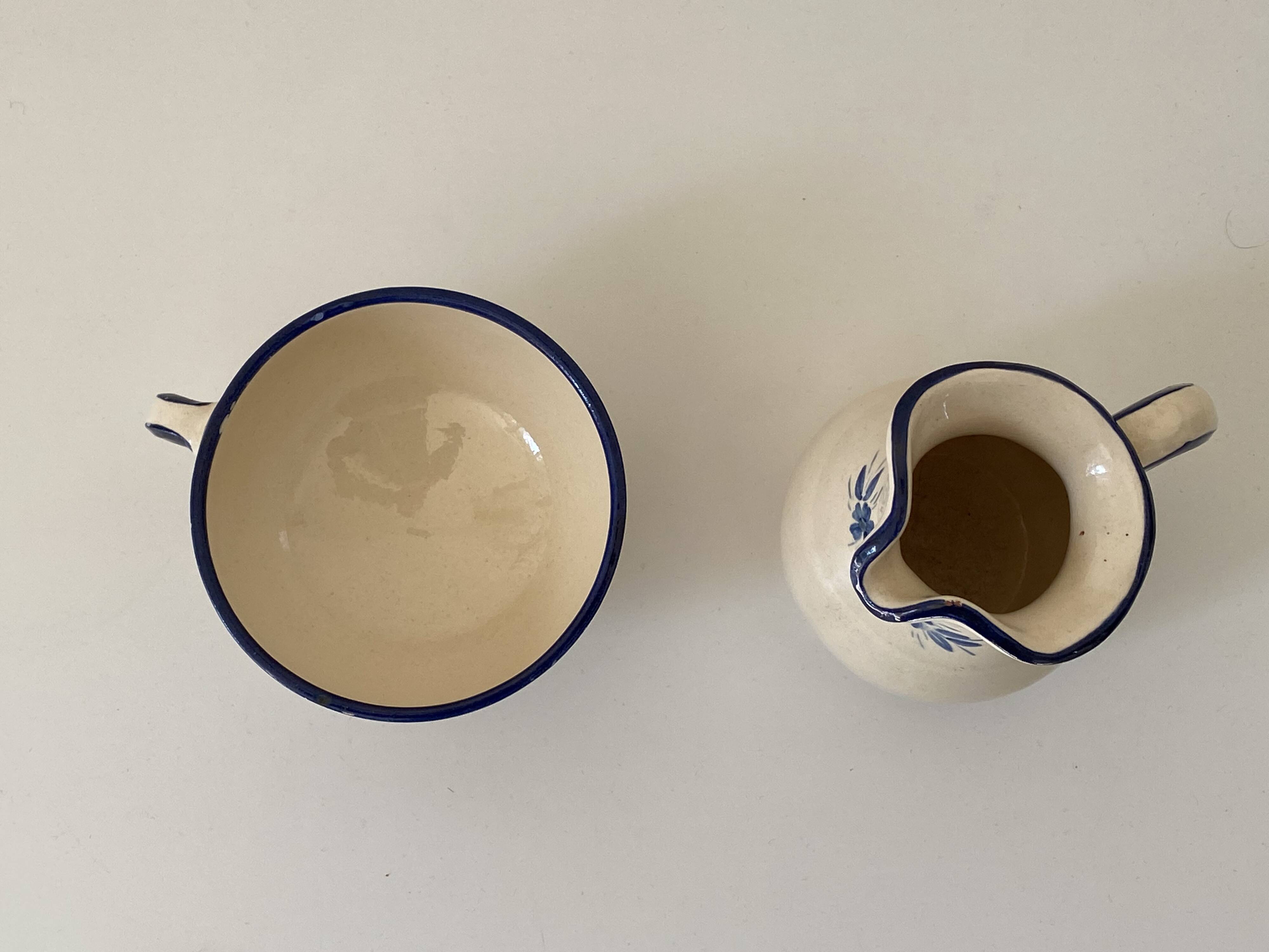 Handcrafted ceramic pitcher and bowl signed – blue decor – vintage tableware