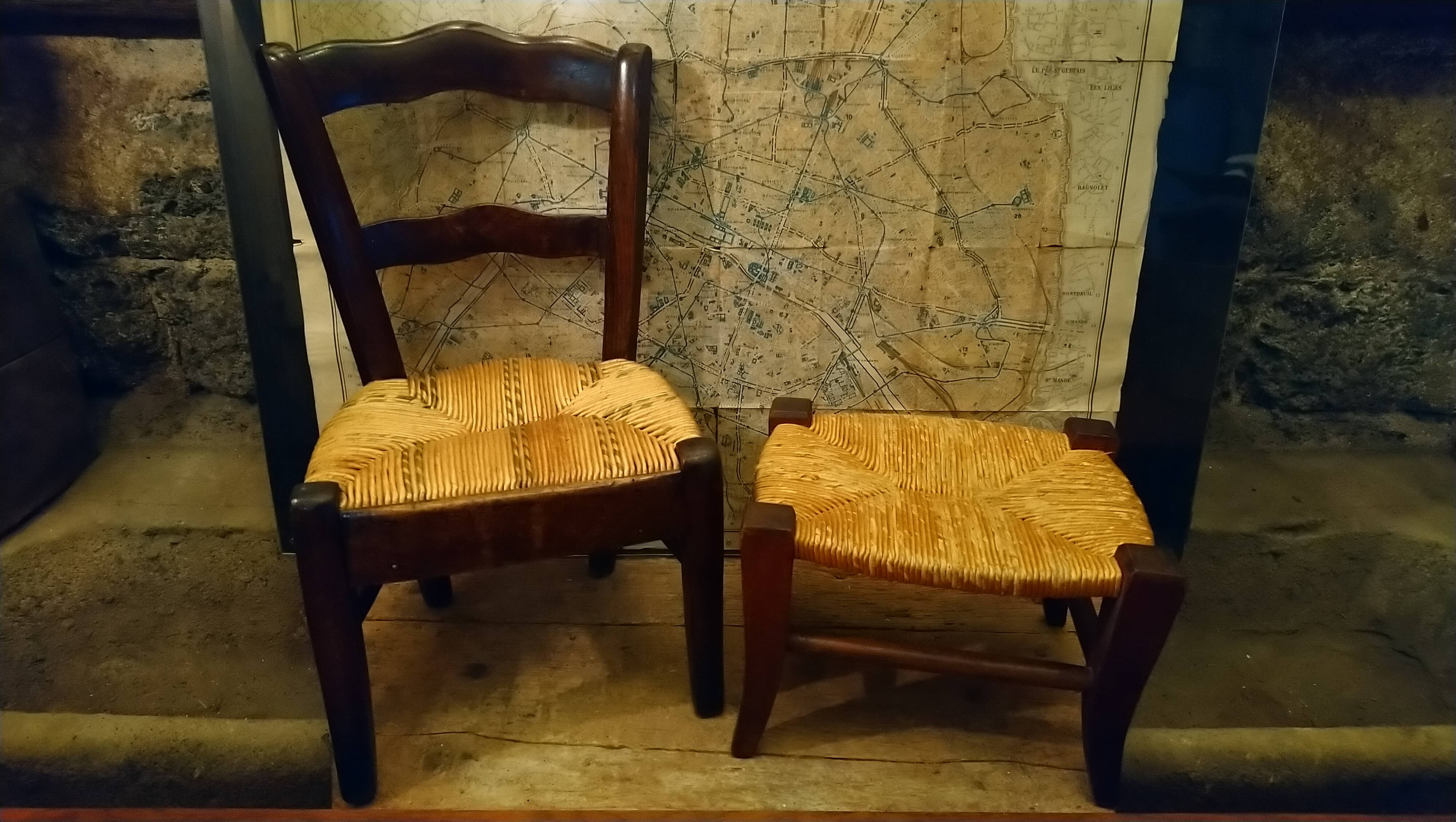 Children's straw chair and oak stool