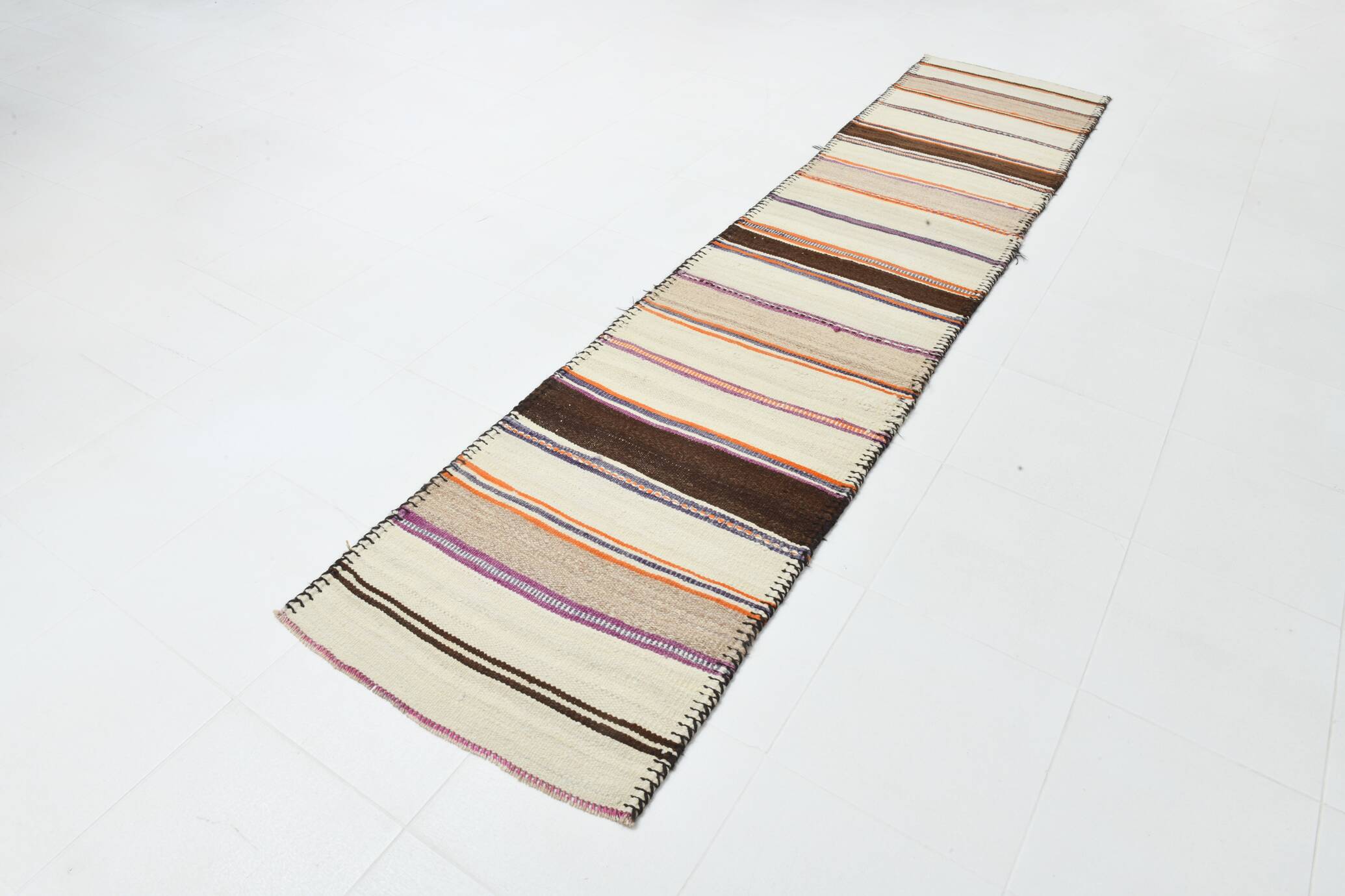2x11 Brown & Cream Vintage Kilim Runner Rug, 75x337Cm