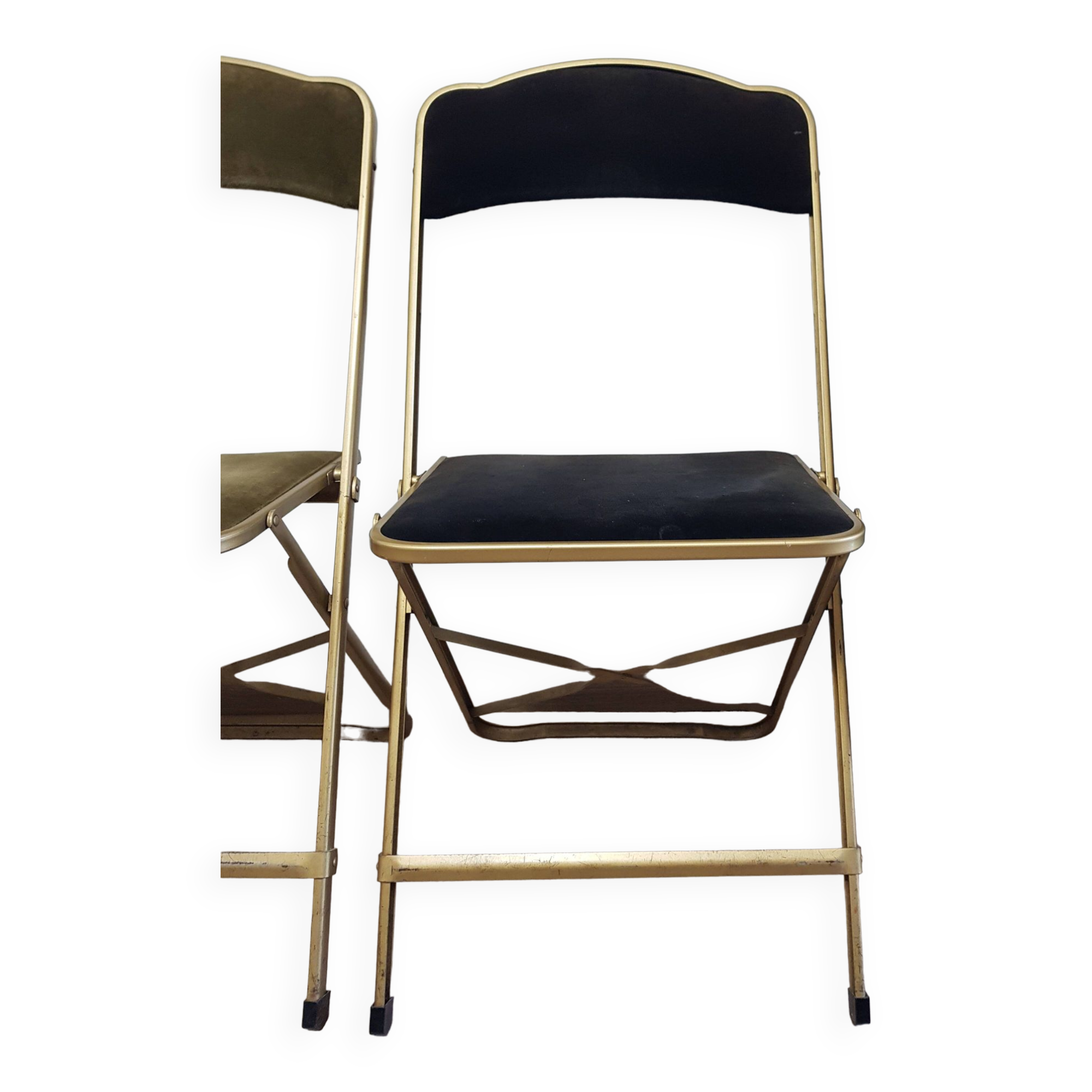 Set of 4 opera theater folding chairs from the 70s two-tone velvet brass