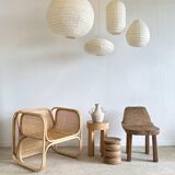 Suspension in rattan and japanese natural linen in the shape of a lantern h50 d30