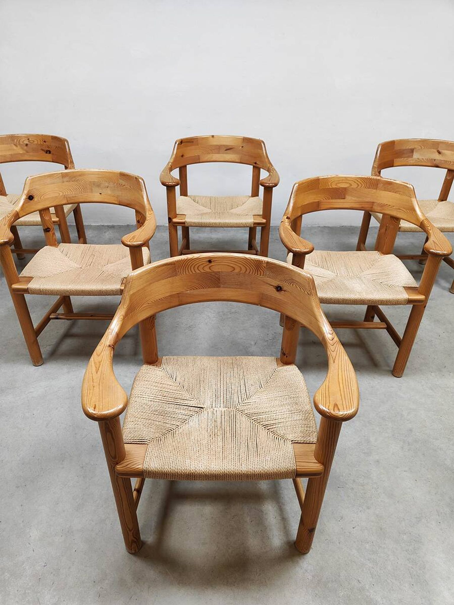 Vintage pine papercord dining chairs Rainer Daumiller