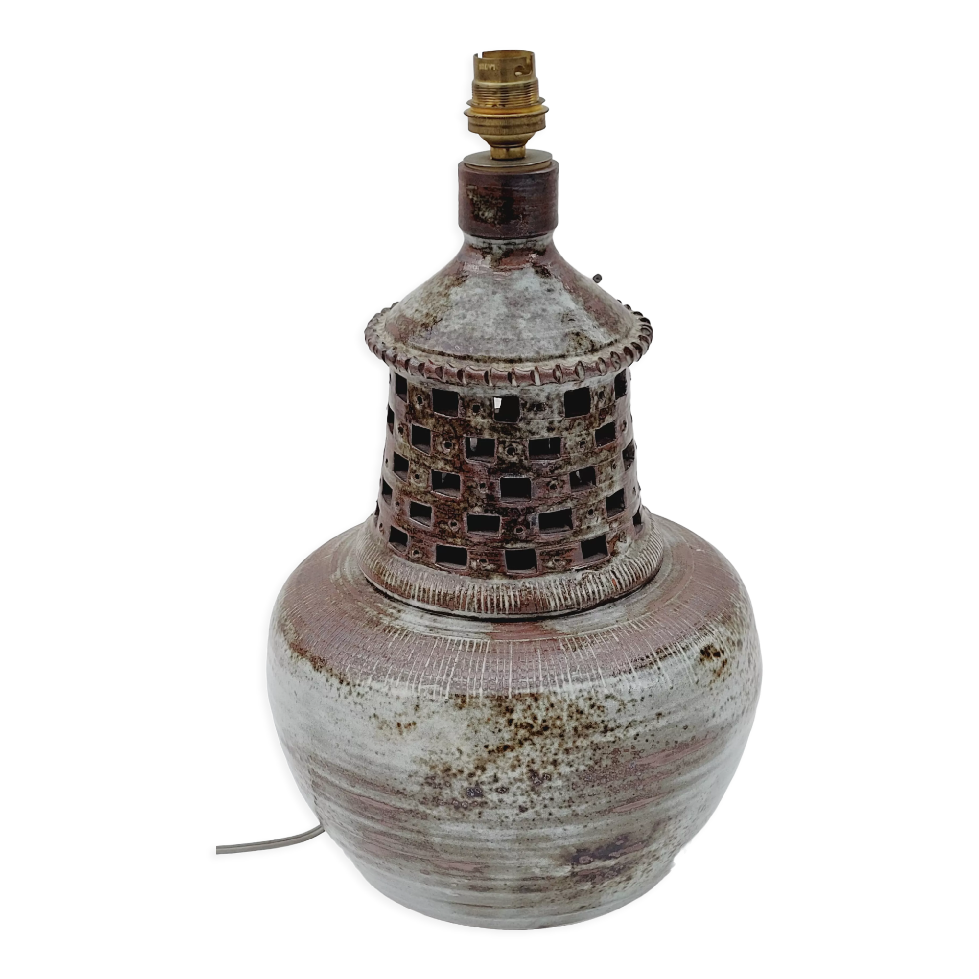 Vintage lamp foot in openwork ceramic email brown gray signed