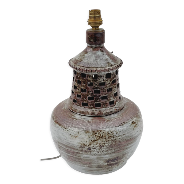 Pied de lampe vintage en céramique ajourée email marron gris signé — Beyit