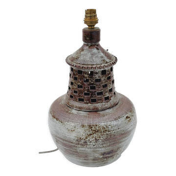 Pied de lampe vintage en céramique ajourée email marron gris signé