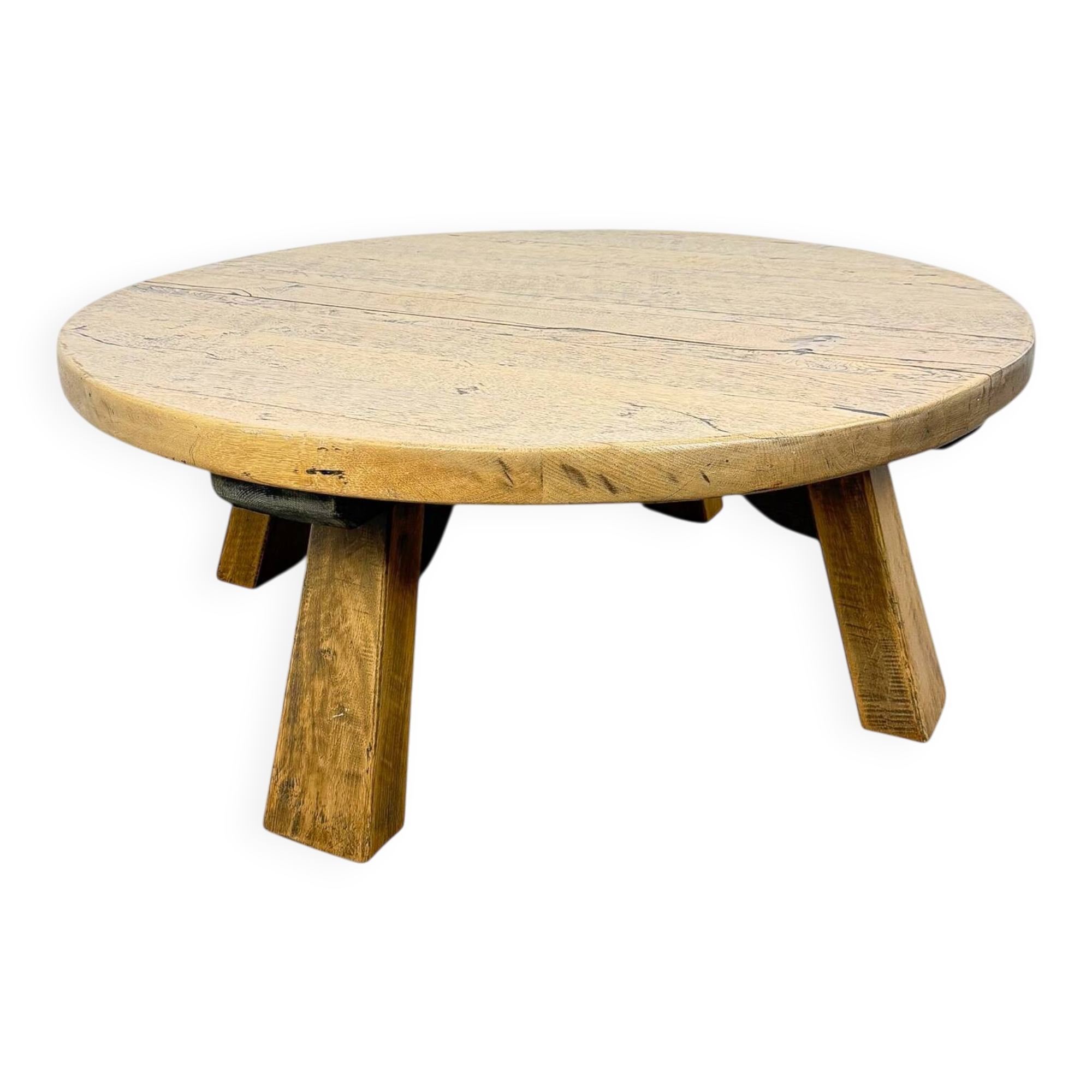 Rustic Solid Oak Coffee Table – Round Brutalist Style – Vintage European De