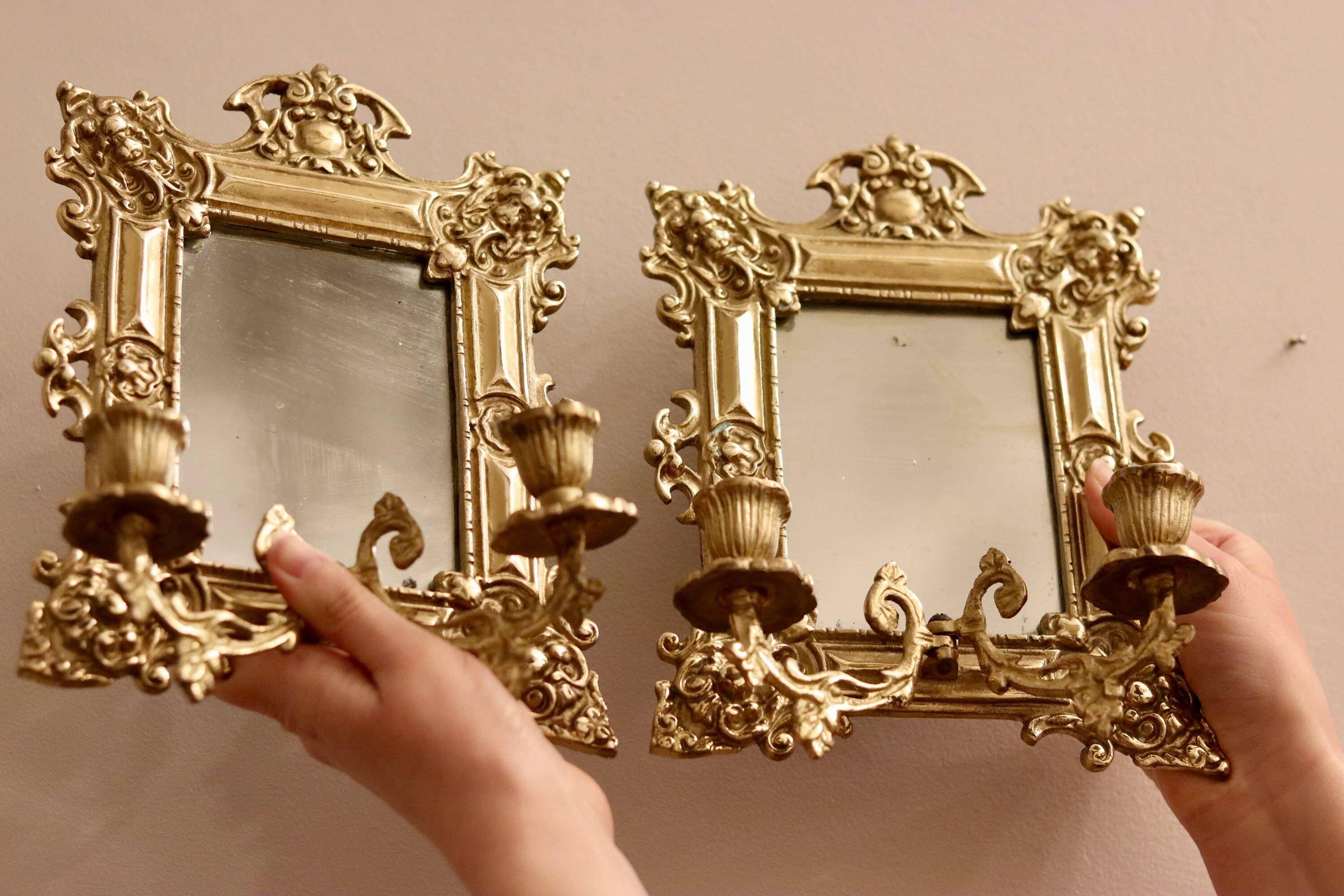 Appliques en laiton antique avec miroirs, Suède