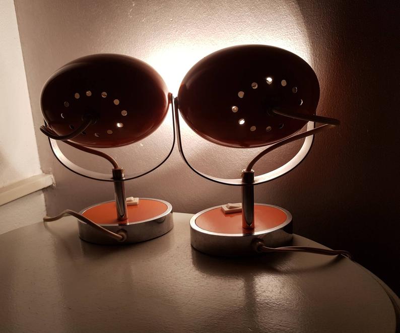 Pair of orange eye table lamps from the 70s space age