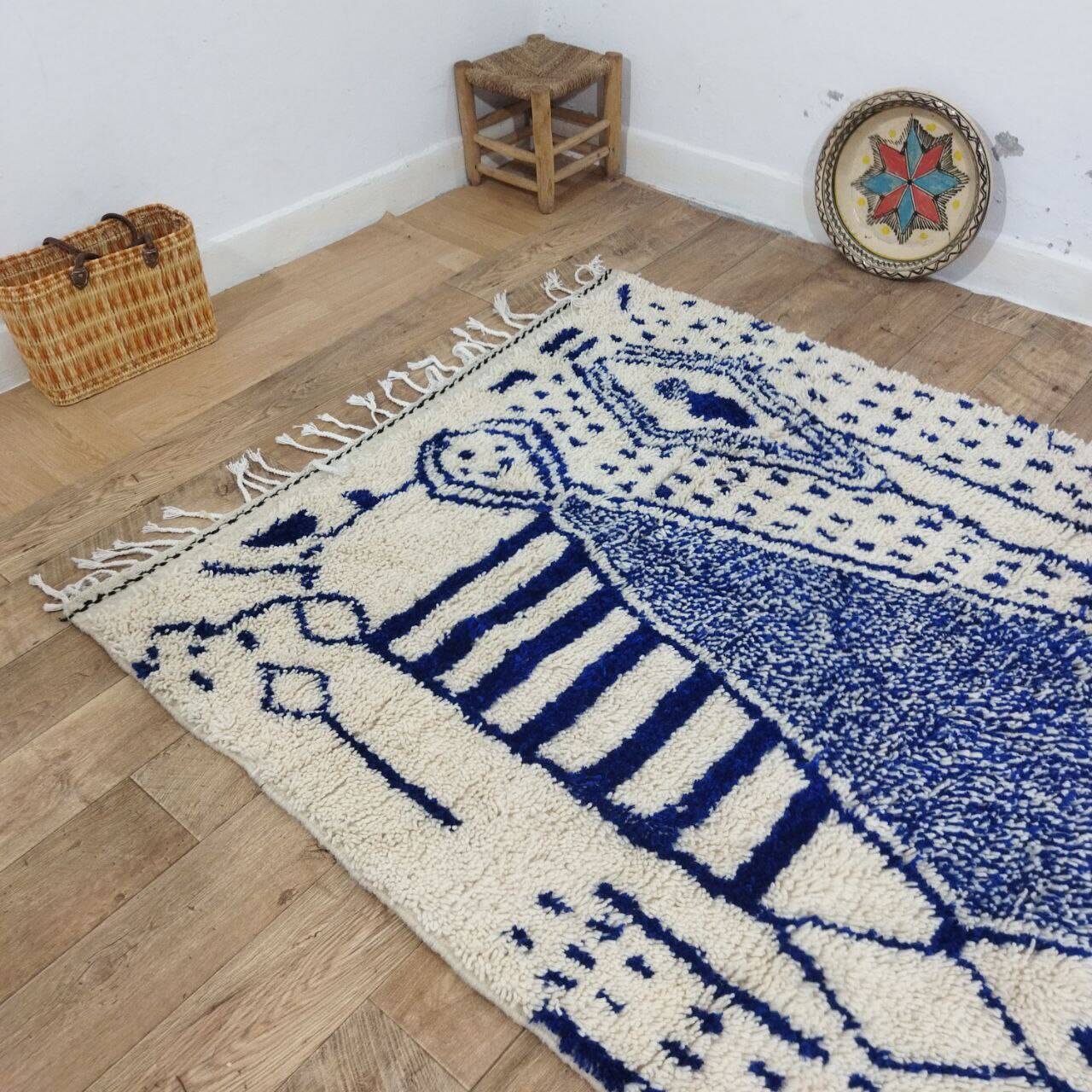 Vintage Azilal rug 264x150 cm - Blue geometric patterns