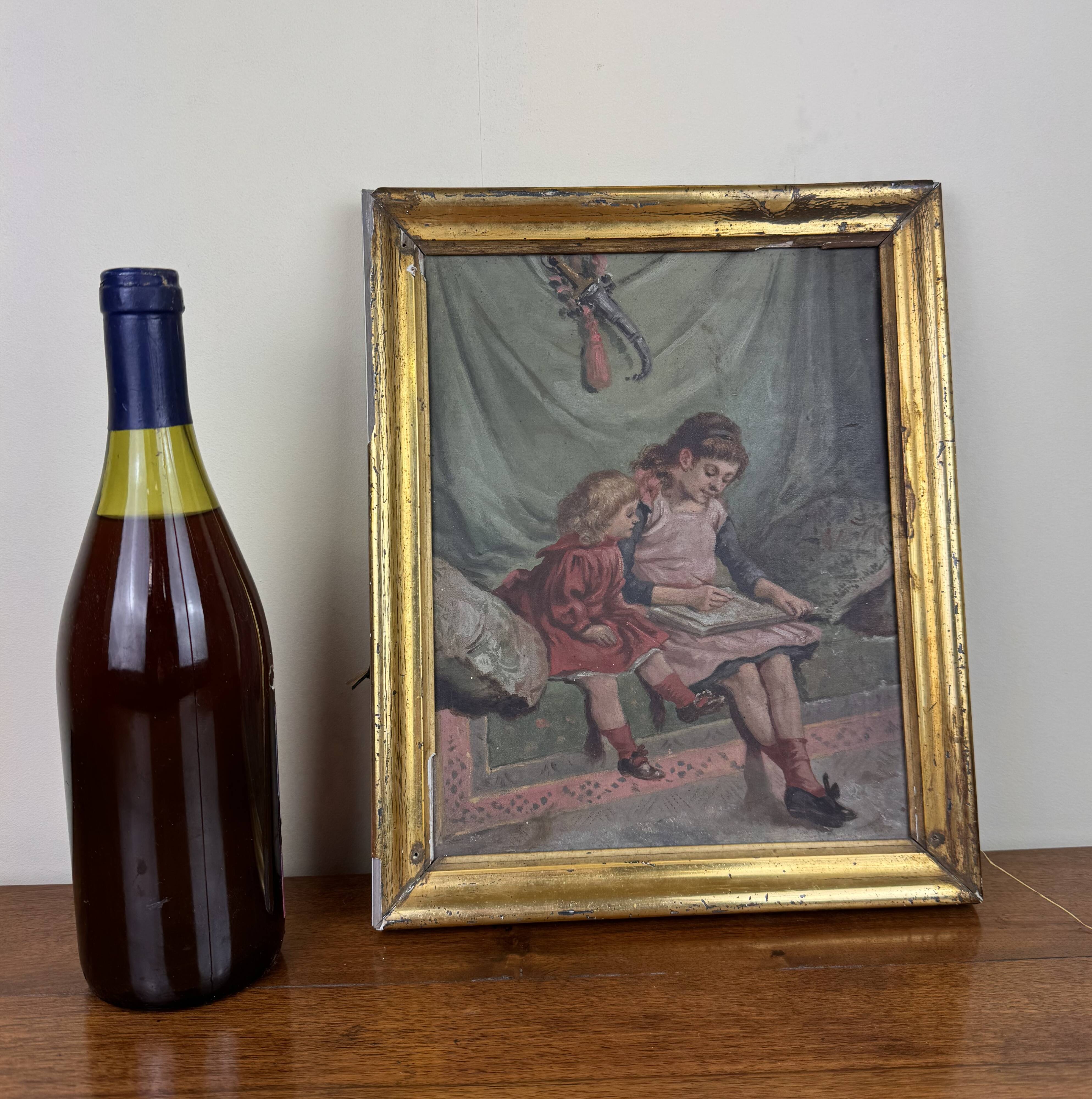 19th century French school: oil on panel "the drawing lesson" circa 1860