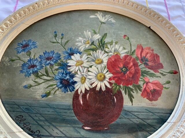 Tableau ancien bouquet de fleurs anémones encadré et signé Ch. Girardin