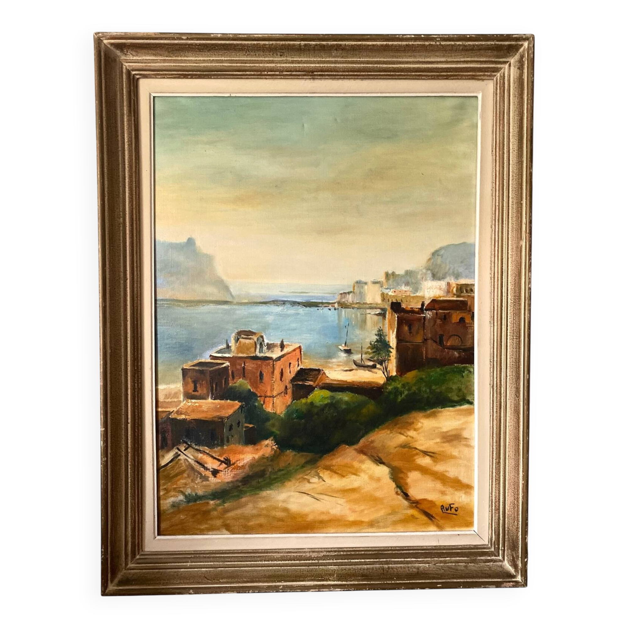 Old oil on canvas, Mediterranean port scene signed Rufo.