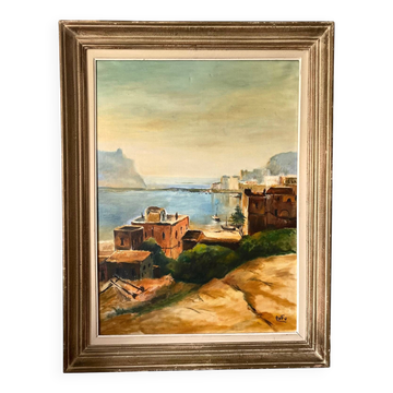 Old oil on canvas, Mediterranean port scene signed Rufo.