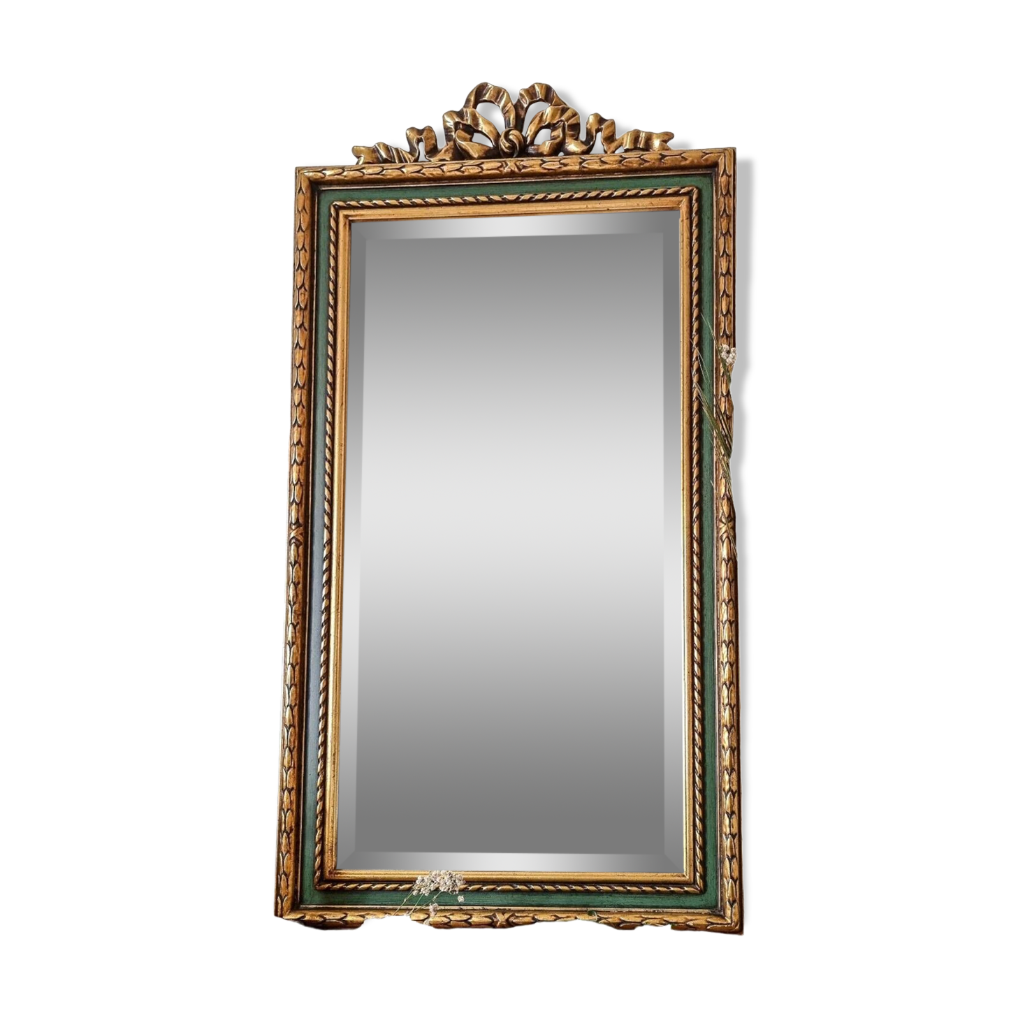 Gold and fir green beveled mirror, Louis XVI/Regency style, 1970