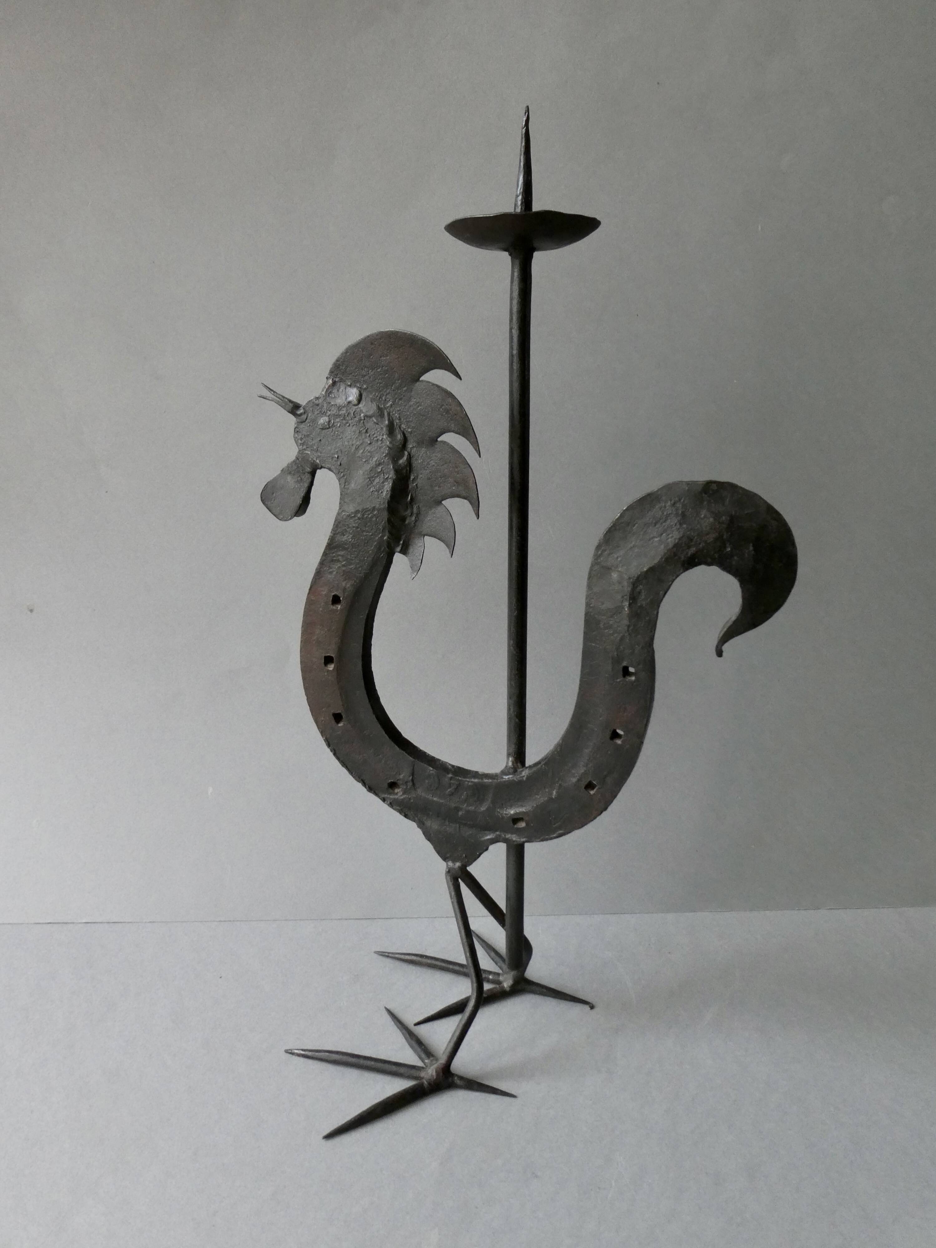 Rooster candle holder in wrought iron, brutalist