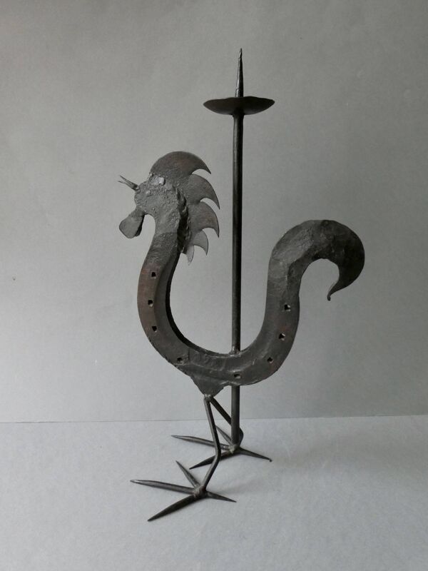 Bougeoir coq en fer forgé, brutaliste