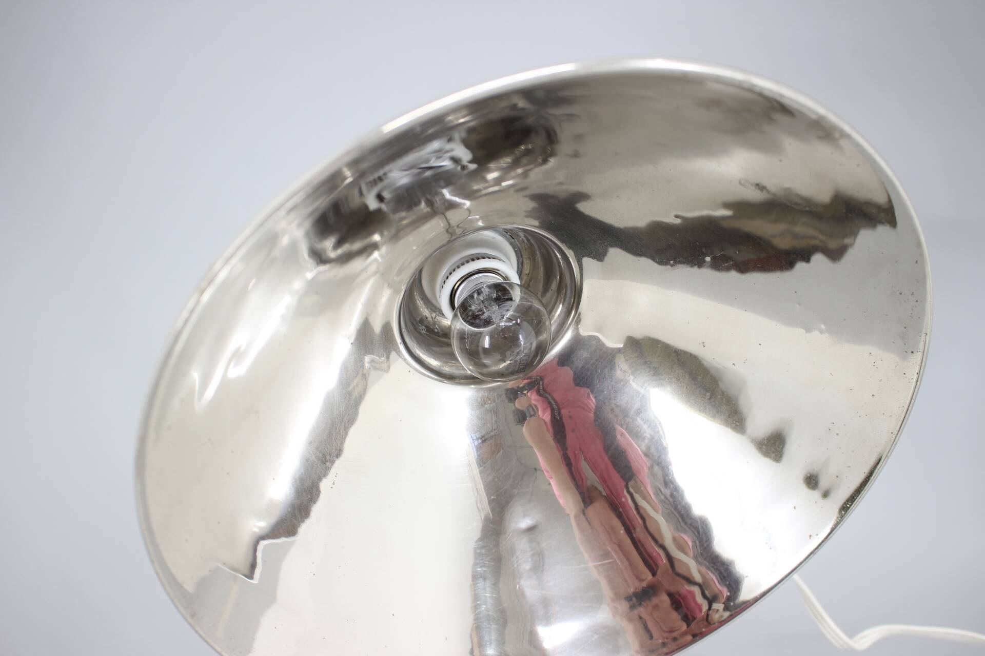 1950s Industrial Chrome & Wood Table Lamp with Ceramic Switch, Czechoslovakia