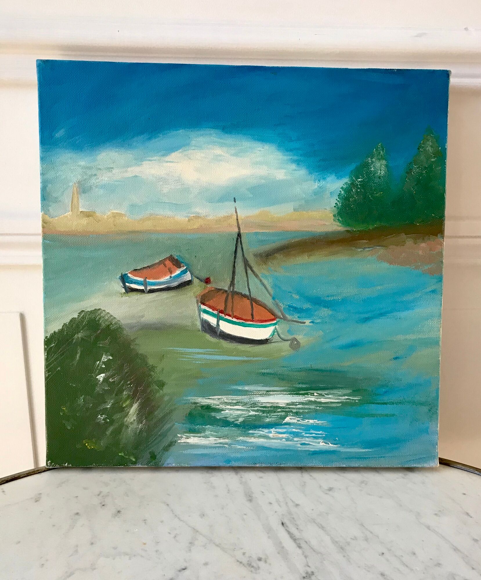 Oil painting on canvas landscape sea and vintage sailboats